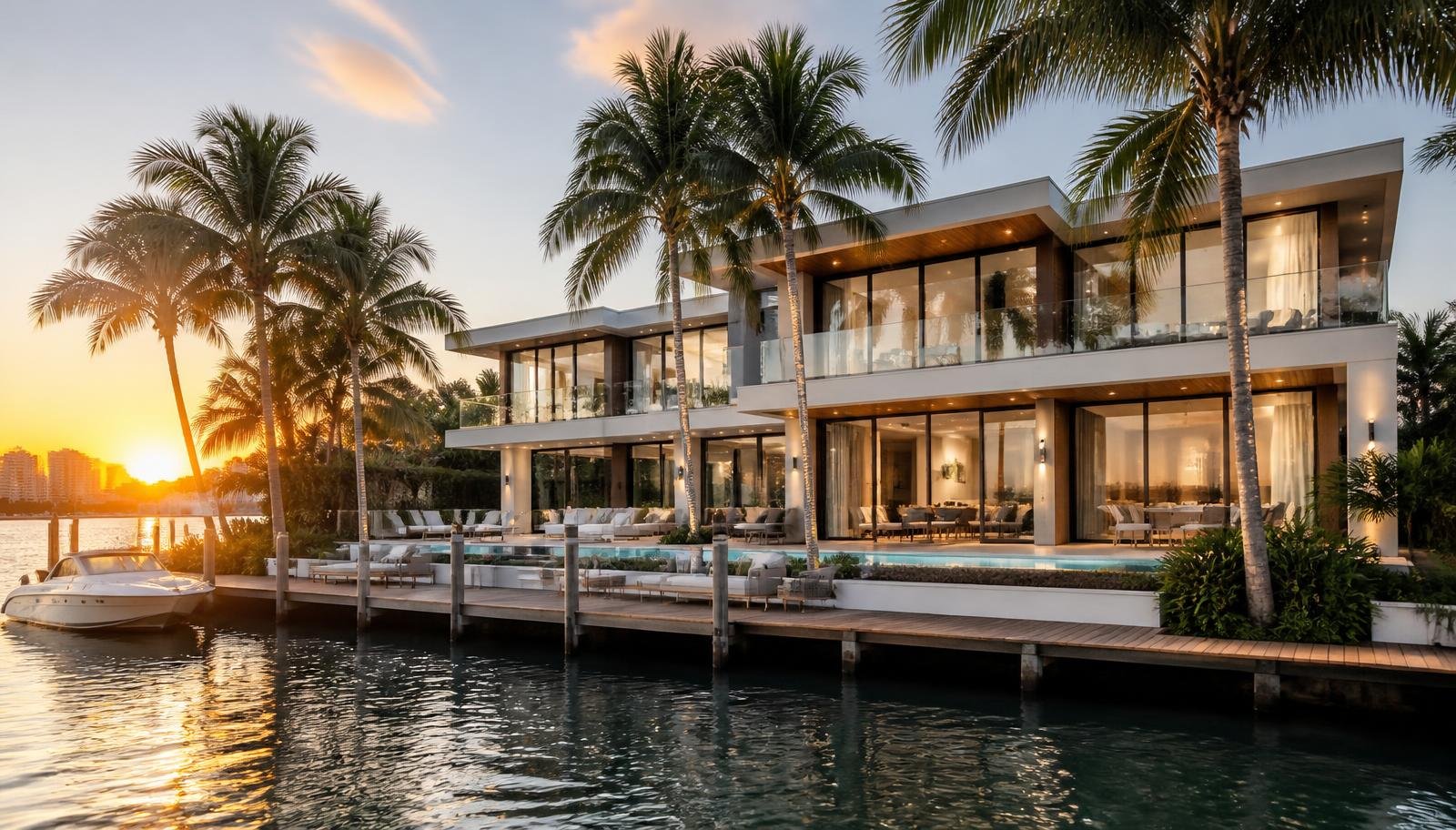 Modern South Florida waterfront home at sunset