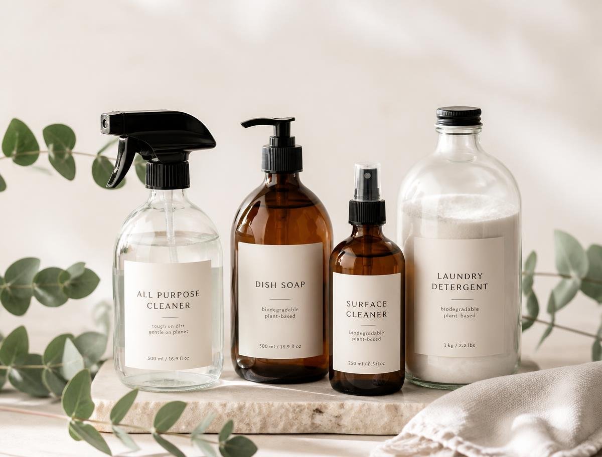 Eco-friendly cleaning products with eucalyptus leaves